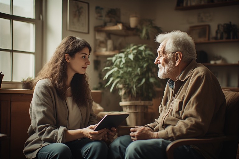 Woman interviewing an older man for nonprofit data collection