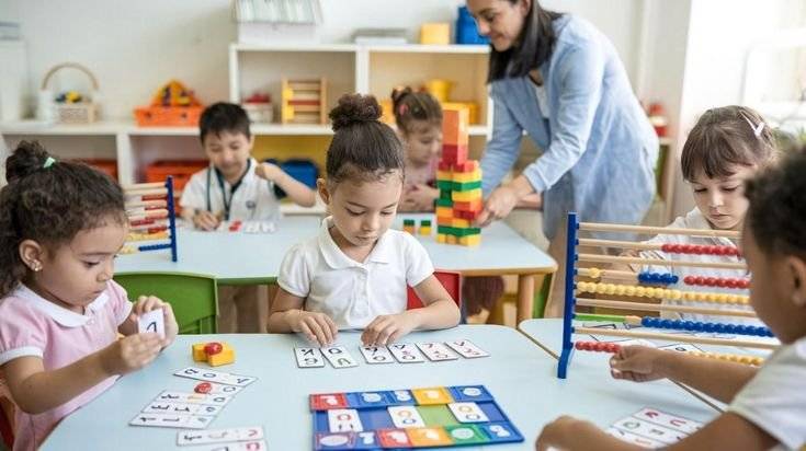 Children learning and playing in a classroom.